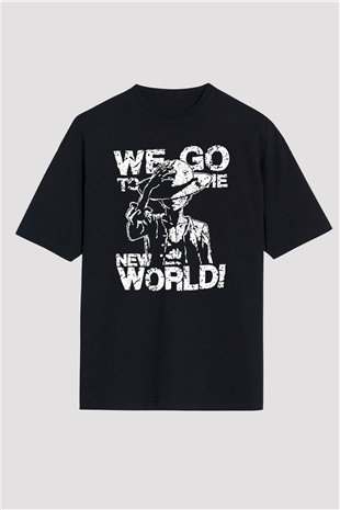 One Piece Baskılı Unisex Siyah Oversize Tişört - Tshirt