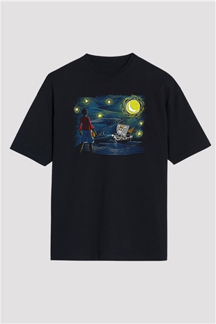 One Piece Baskılı Unisex Siyah Oversize Tişört - Tshirt