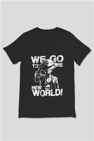 One Piece Baskılı Unisex Siyah V Yaka Tişört - Tshirt