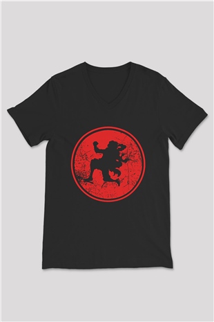One Piece Baskılı Unisex Siyah V Yaka Tişört - Tshirt