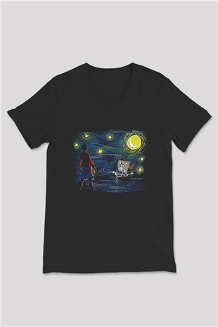 One Piece Baskılı Unisex Siyah V Yaka Tişört - Tshirt