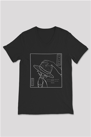 One Piece Baskılı Unisex Siyah V Yaka Tişört - Tshirt