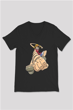 One Piece Baskılı Unisex Siyah V Yaka Tişört - Tshirt