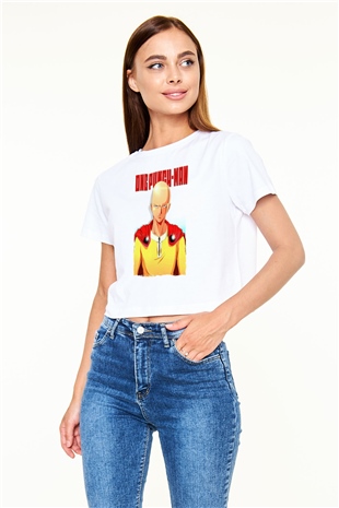 One Punch Man Beyaz  Crop Top Tişört