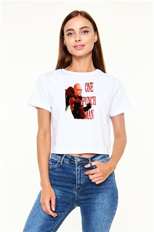 One Punch Man Beyaz  Crop Top Tişört