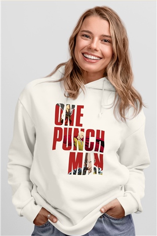 One Punch Man Beyaz Unisex Kapşonlu Sweatshirt