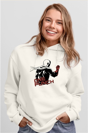 One Punch Man Beyaz Unisex Kapşonlu Sweatshirt