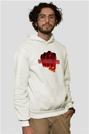 One Punch Man Beyaz Unisex Kapşonlu Sweatshirt