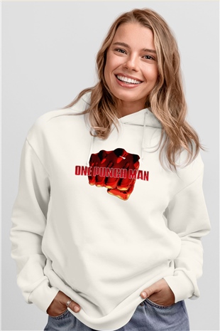 One Punch Man Beyaz Unisex Kapşonlu Sweatshirt