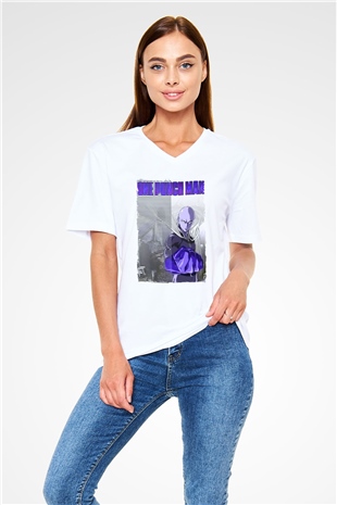 One Punch Man Beyaz Unisex V Yaka Tişört