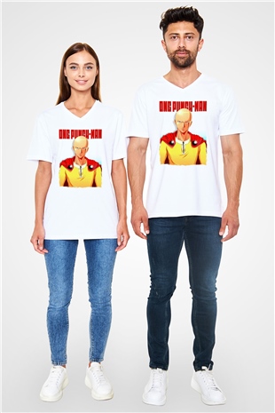 One Punch Man Beyaz Unisex V Yaka Tişört