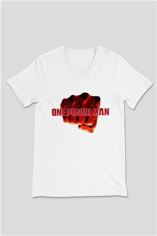 One Punch Man Beyaz Unisex V Yaka Tişört T-Shirt