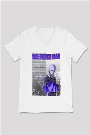 One Punch Man Beyaz Unisex V Yaka Tişört