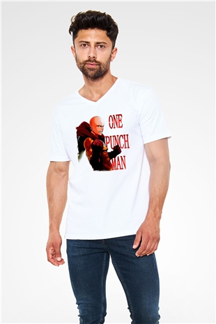 One Punch Man Beyaz Unisex V Yaka Tişört