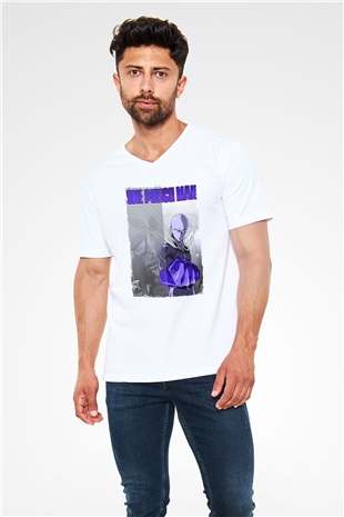One Punch Man Beyaz Unisex V Yaka Tişört