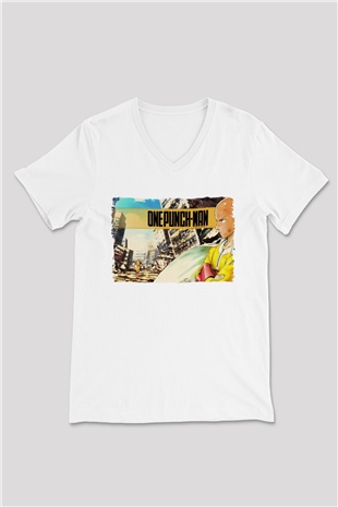 One Punch Man Beyaz Unisex V Yaka Tişört