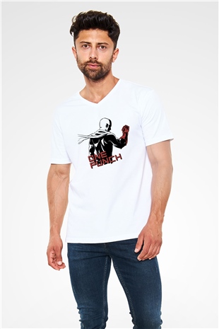 One Punch Man Beyaz Unisex V Yaka Tişört T-Shirt