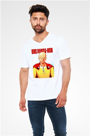 One Punch Man Beyaz Unisex V Yaka Tişört