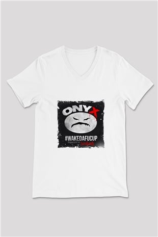 Onyx Baskılı Beyaz V Yaka Unisex Tişört