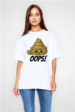 Opppsss Temalı Baskılı Oversize Beyaz Tshirt