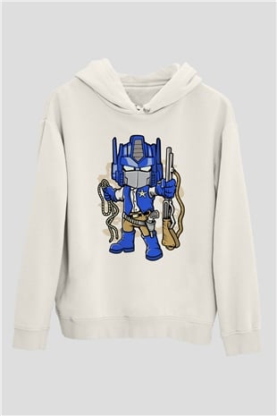 Optimus Cowboy Baskılı Beyaz Unisex Hoodie