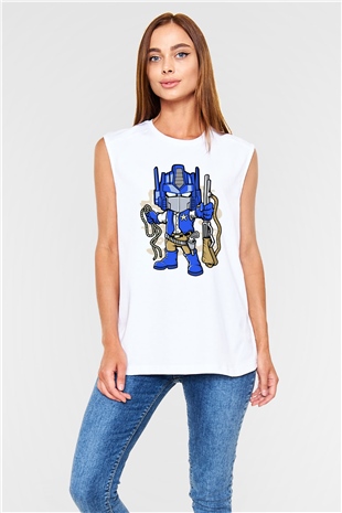Optimus Cowboy Baskılı Beyaz Unisex Kolsuz Tişört