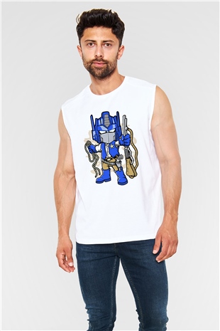 Optimus Cowboy Baskılı Beyaz Unisex Kolsuz Tişört