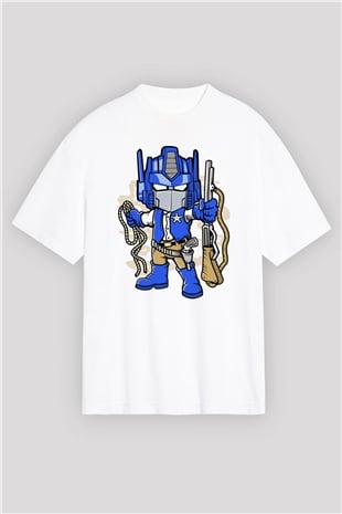 Optimus Cowboy Baskılı Beyaz Unisex Oversize Tişört