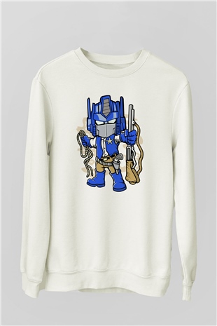 Optimus Cowboy Baskılı Beyaz Unisex Sweatshirt