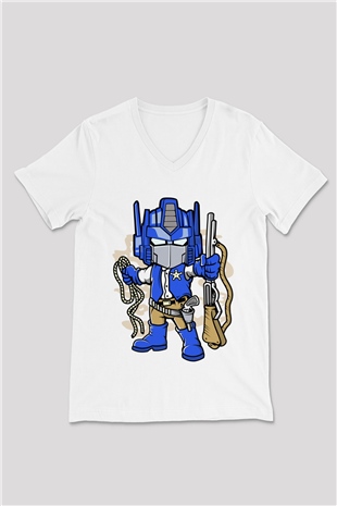 Optimus Cowboy Baskılı Beyaz Unisex V Yaka Tişört