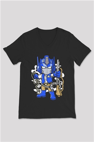 Optimus Cowboy Baskılı Siyah Unisex V Yaka Tişört