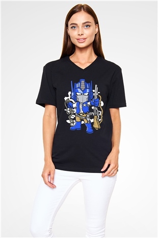 Optimus Cowboy Baskılı Siyah Unisex V Yaka Tişört