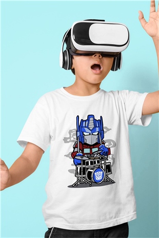 Optimus Drummer Baskılı Beyaz Unisex Çocuk Tshirt