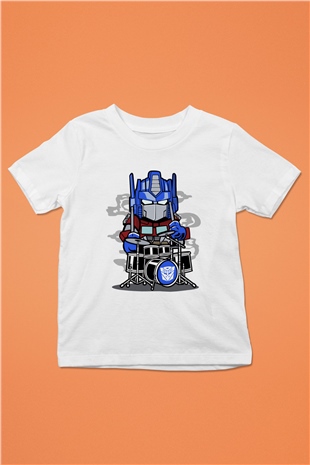 Optimus Drummer Baskılı Beyaz Unisex Çocuk Tshirt