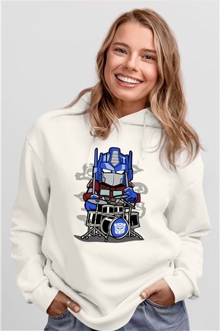 Optimus Drummer Baskılı Beyaz Unisex Hoodie