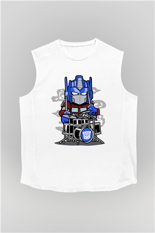 Optimus Drummer Baskılı Beyaz Unisex Kolsuz Tişört