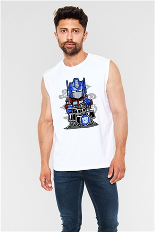 Optimus Drummer Baskılı Beyaz Unisex Kolsuz Tişört