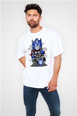 Optimus Drummer Baskılı Beyaz Unisex Oversize Tişört