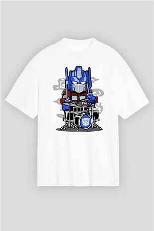 Optimus Drummer Baskılı Beyaz Unisex Oversize Tişört