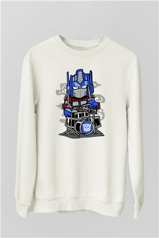 Optimus Drummer Baskılı Beyaz Unisex Sweatshirt