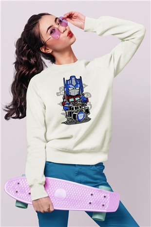 Optimus Drummer Baskılı Beyaz Unisex Sweatshirt