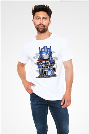 Optimus Drummer Baskılı Beyaz Unisex Tshirt