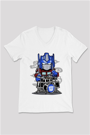 Optimus Drummer Baskılı Beyaz Unisex V Yaka Tişört