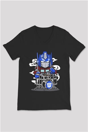 Optimus Drummer Baskılı Siyah Unisex V Yaka Tişört