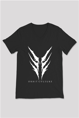 Orbit Culture Baskılı Unisex Siyah V Yaka Tişört - Tshirt