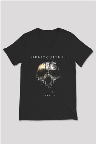 Orbit Culture Baskılı Unisex Siyah V Yaka Tişört - Tshirt