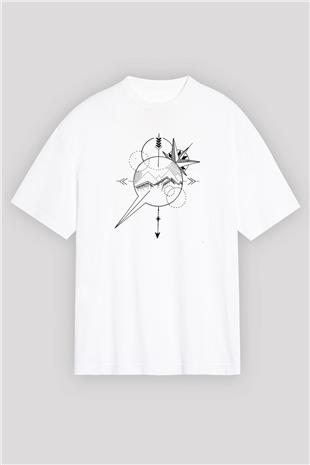 Orienteering Baskılı Unisex Beyaz Oversize Tişört - Tshirt