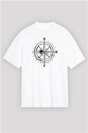 Orienteering Baskılı Unisex Beyaz Oversize Tişört - Tshirt