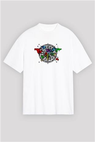 Orienteering Baskılı Unisex Beyaz Oversize Tişört - Tshirt