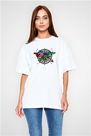 Orienteering Baskılı Unisex Beyaz Oversize Tişört - Tshirt